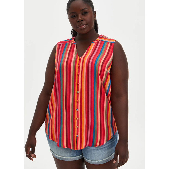 Torrid Harper Gauze Blouse Womens 1 Multi Rainbow Stripe Button Front Sleeveless - Picture 12 of 13